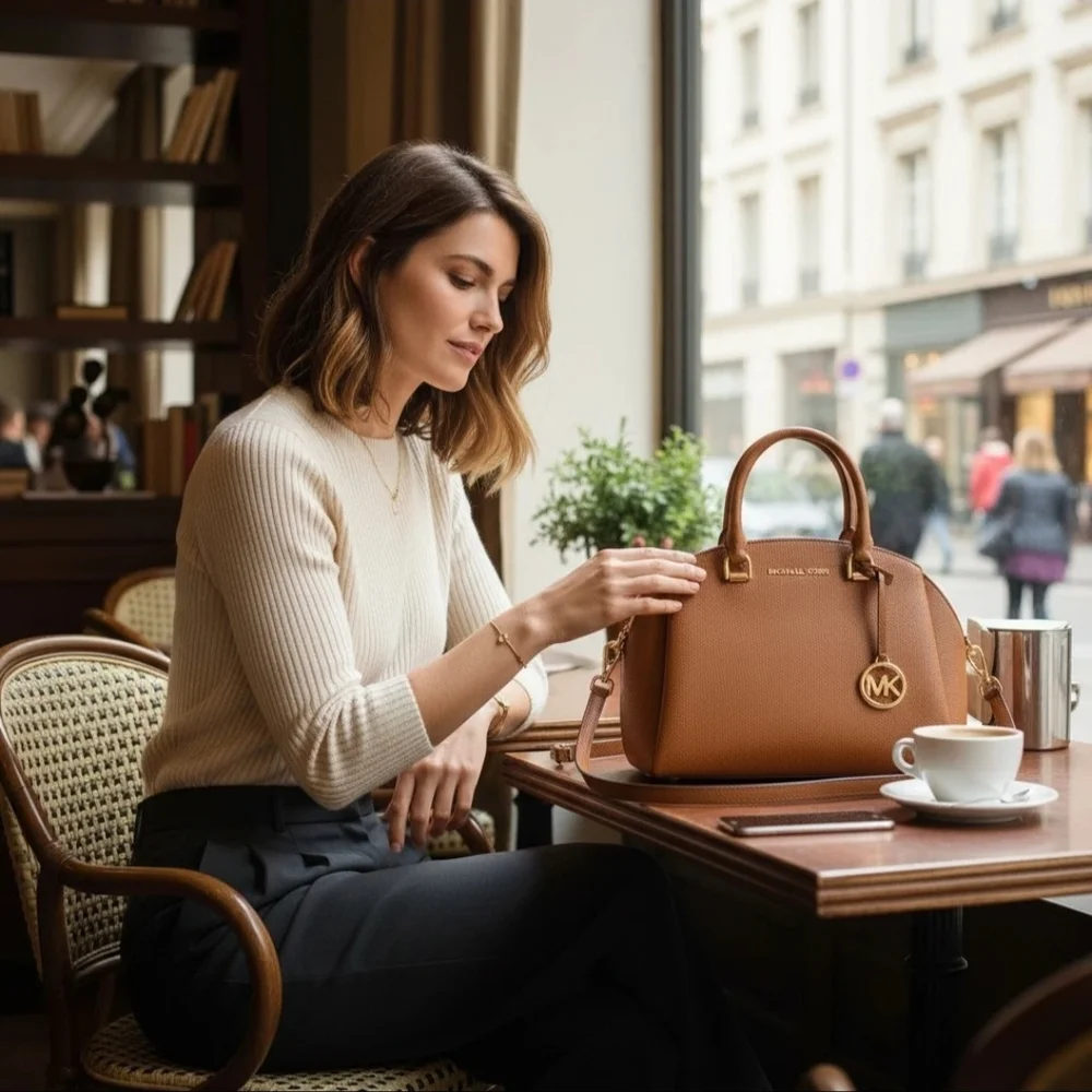 Michael Kors Maxine Pebbled Leather Acorn Tan Dome Crossbody Satchel Bag - Picture 11 of 13